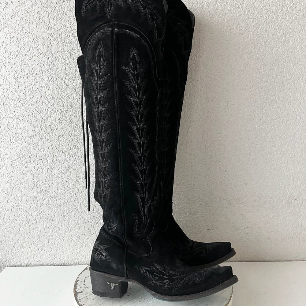 Lane LEXINGTON Over the Knee Cowboy Boots Black Suede Western Tall Snip Toe 7